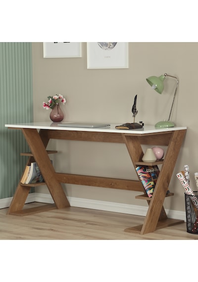 Pasific Home Lungo Raflı Çalışma Masası, Ofis Masası, 60X140 Cm, Koyu Meşe&Beyaz