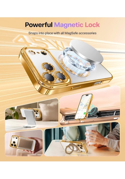 Apple Uyumlu iPhone 17 Pro Max İçin Magsafe İle Kılıf Kamera Lensli Korumalı Şeffaf Silikon Kapak Gold