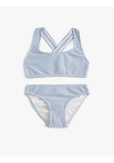 Koton Çizgili Bikini Takımı Çapraz Askılı Mavi Çizgili 4skg00004mm Mavi
