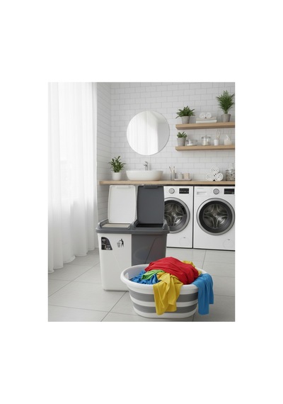 60 Lt İki Bölmeli Kirli Çamaşır Sepeti & 27 Lt Katlanabilir Sele Takımı Banyo Düzenleyici Takım Gri - 833547199 Gri