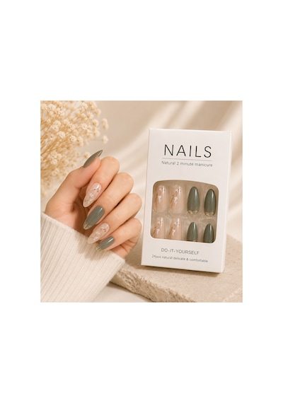Zelüx - Haki Yeşil Çiçek Desenli - 24 Adet Yapıştırma Tırnak Sanatı Seti Nail Art