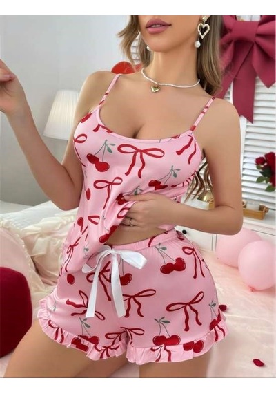 Civetta Pembeüstüne Kiraz Desenli Askılı Şortlu Pijama Takımı Pembe