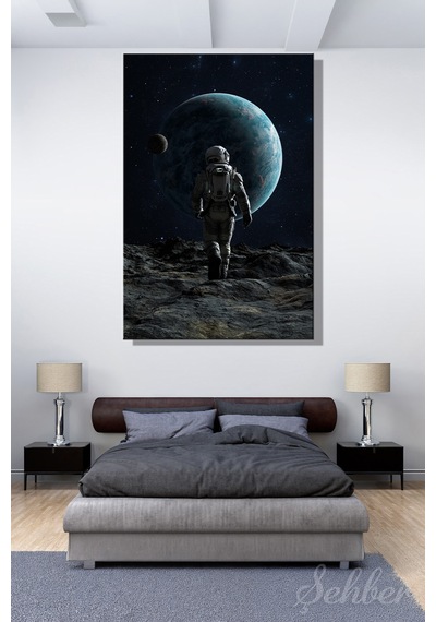 Uzay Ve Astronot Temalı 3 Boyutlu Dijital İllüstrasyon Dikey Kanvas Tablo 4815 Çok Renkli