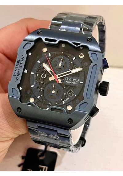 Ferrucci Kare Kadran Lacivert Fonksiyonları Aktif Takvimli Spor Model Çelik Erkek Kol Saati Lacivert
