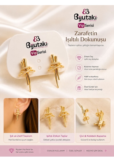 Gold Renk Zirkon Taşlı Çivi Küpe