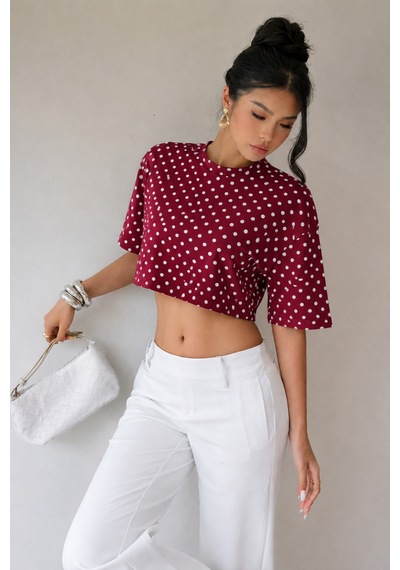 Hımmelduf Kadın Puantiye Desenli Crop Tişört Basic Oversize Yazlık Bluz Bordo