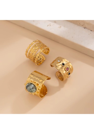 Girift Vintage Yule 3 Adet Gold Taşlı Güneş Detaylı Yüzük Seti Altın