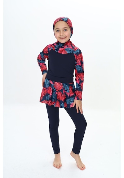 My Kids Wear Üç Parça Kız Çocuk Haşema, Tesettür, Etekli, Kapalı Mayo Kırmızı - Lacivert
