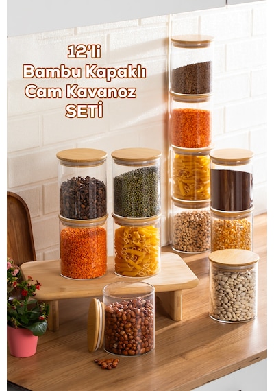 Porsima 1-4 Bambu Vakumlu Kapaklı Yuvarlak Cam 12li Kavanoz Seti Saklama Kabı 750ml 10x12cm