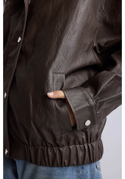 Defacto Relaxed Fit Kapüşonlu Kahverengi Kadın Deri Mont H3752ax/bn605