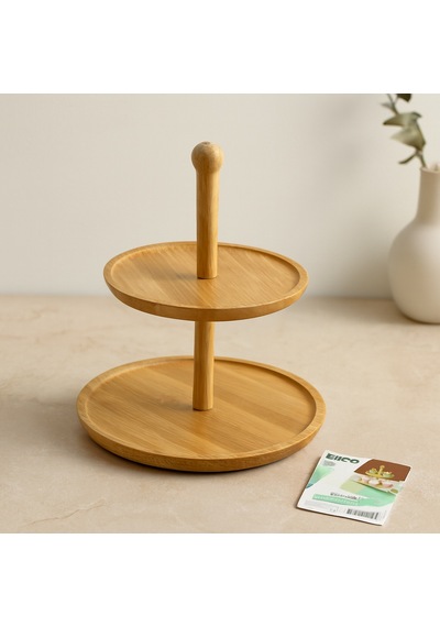 Yuvarlak 2 Katlı Ahşap Bambu Servis Sunumluğu 20/25 Cm Çr