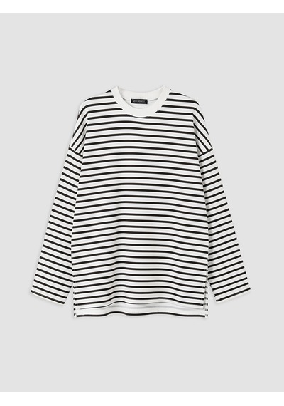 Lcw Modest Kahverengi Çizgili Oversize Kadın Sweatshirt Tunik