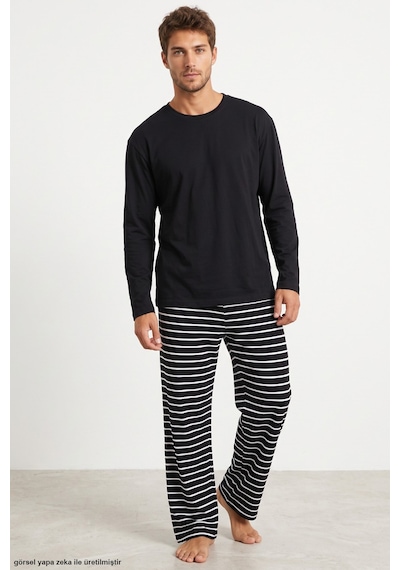 Siyah İnci Desenli Pamuklu Örme Pijama Takım 8093 Siyah Beyaz Çizgi Siyah İnci Desenli Pamuklu Örme Pijama Takım 8093 Siyah Beyaz Çizgi