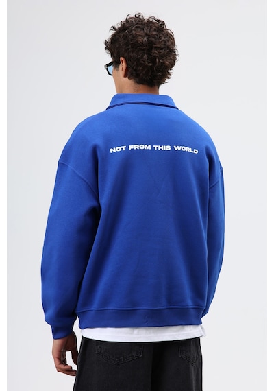 Vamos Polo Yaka Oversize Baskılı Yıkamalı Sweatshirt Saks Mavi