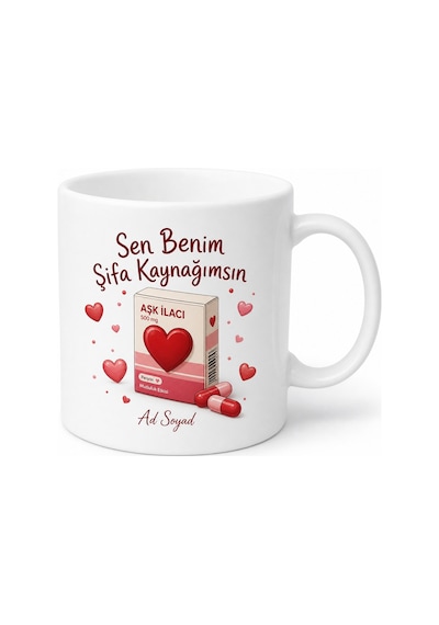 Sen Benim Şifa Kaynağımsın İlaç Kutusu Kalp Temalı Esprili Aşk Kupası Hediye Beyaz / Çok Renkli