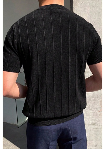Cool Tarz Siyah Erkek Yuvarlak Yaka Örme T-shirt Siyah Siyah