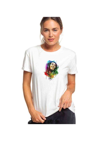 Bob Marley Aquarelle Baskılı Beyaz Kadın Tshirt