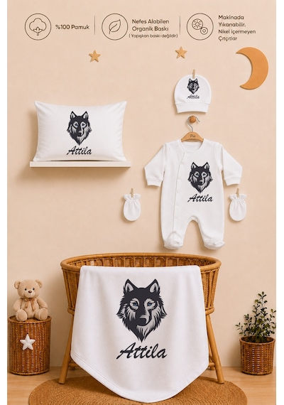 Pia Baby Erkek Bebek Yeni Doğan Hastane Çıkışı 11 Parça İsimli %100 Pamuk Organik Baskılı Set 2016110x Ekru
