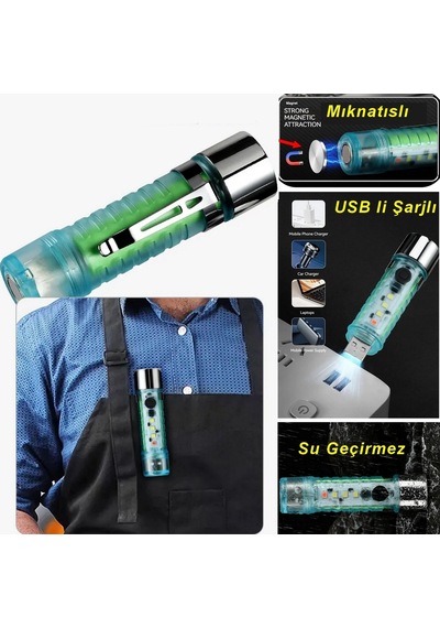 Neler Geldi Neler Led Usb Şarjlı Ultra Güçlü El Feneri Su Geçirmez Flaşörlü Kırmızı