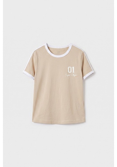 Bej Omuz Biye Detaylı Baskılı Kız Çocuk T-shirt - 75181