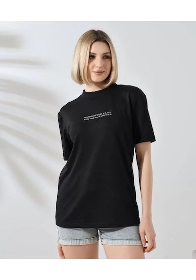 Soonaksesuar Unisex Bisiklet Yaka Baskılı Slim Fit T-shirt - Siyah SIYAH