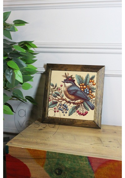 Artavessa Masif Ahşap Çerçeveli Taş Tablo Pano 16 x 16 cm - Bahar ve Kuşlar 2