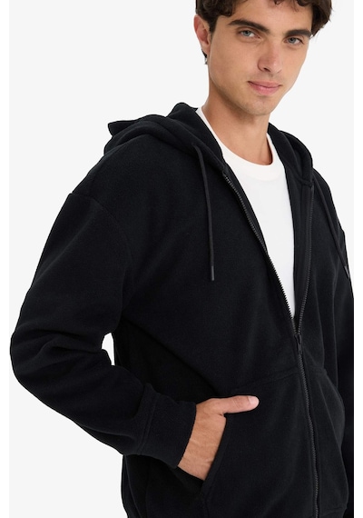 Defacto Boxy Fit Kapüşonlu Fermuarlı Polar Sweatshirt F0074AX25AU Siyah