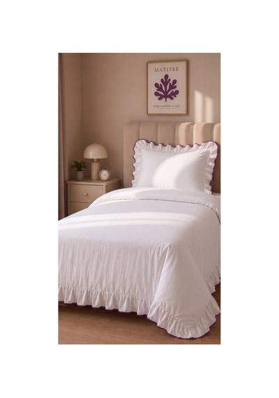 %100 Pamuk Overloklu Fırfırlı Tek Kişilik Nevresim Takımı Lastikli Çarşaflı 160x200 Cm Mor - 904799828 Mor