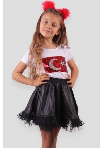 Breeze Kız Çocuk Tişört Pullu Ay Yıldızlı Beyaz (4-14 Yaş)