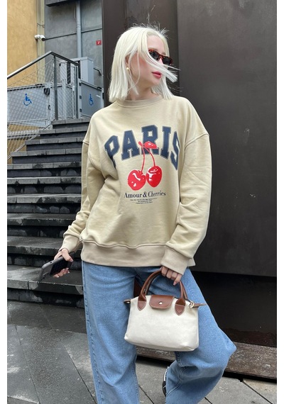Bej Bisiklet Yaka Basic Sweatshirt Mg2233