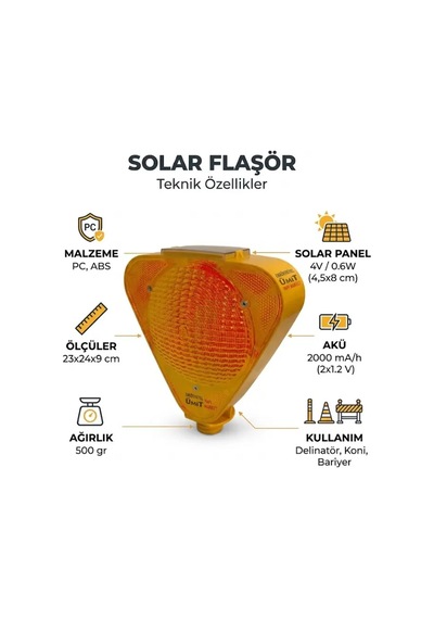 Güneş Enerjili Solar Flaşörlü Trafik Ve Şantiye Uyarı Lambası - Koni Uyumlu Sarı