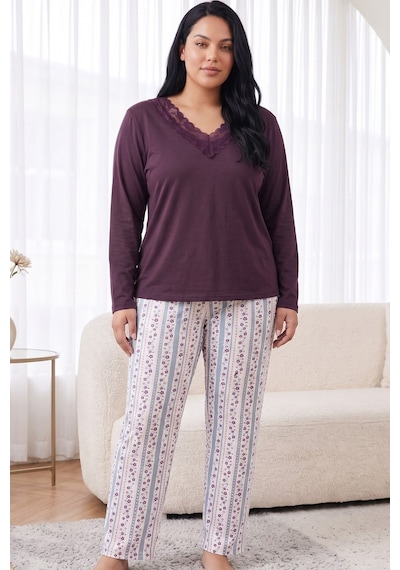 Siyah İnci Pamuklu Likralı Büyük Beden Battal Boy Örme Pijama Takım26240957 Mürdüm