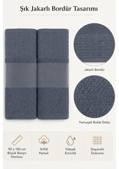 2'li Büyük Boy Banyo Havlusu 90x150 Cm %100 Pamuk Siena Collection 650 Gr İndigo