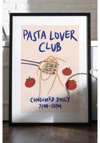 Pasta Lover Club Doğal Ahşap Çerçeveli Poster, Dekoratif Makarna Duvar Tablosu