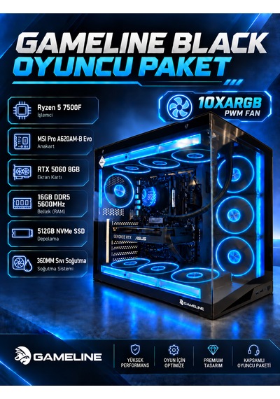 Gameline LEON R5-7500F 16 GB 512 GB NVMe SSD RTX5060 Free Dos Masaüstü Oyuncu Bilgisayarı