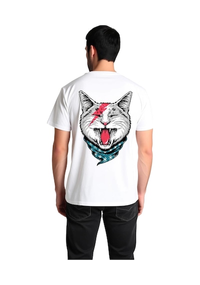 Paybuy Erkek Baskılı Tişört Kedi Motifi Şimşek Çakması Bandana Detaylı R Beyaz