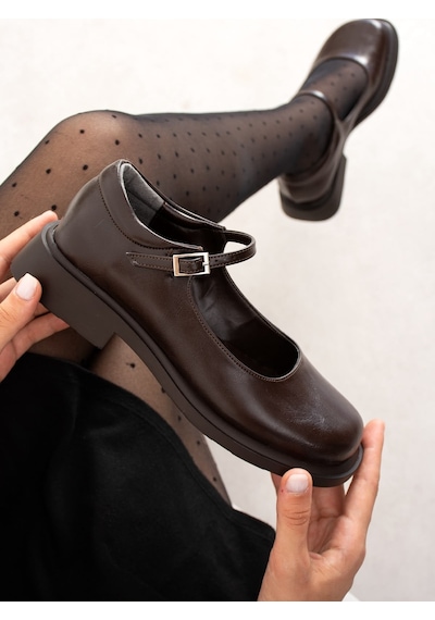 Dabab Shoes Berlın Kadın Acı Kahve Cilt Mary Jane Yuvarlak Burun 2 Cm Kalın Taban Tokalı Babet Loafer Ayakkabı Kahverengi