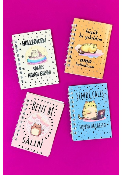 Mini 4'lü Kedili Spiralli Defter Çok Renkli