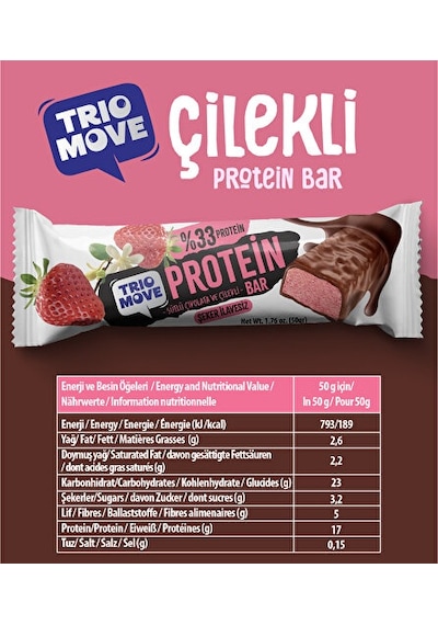 Trio Move Çikolata Kaplamalı Protein Bar - Çilekli Ve Sütlü Çikolatalı 9 x 50 G