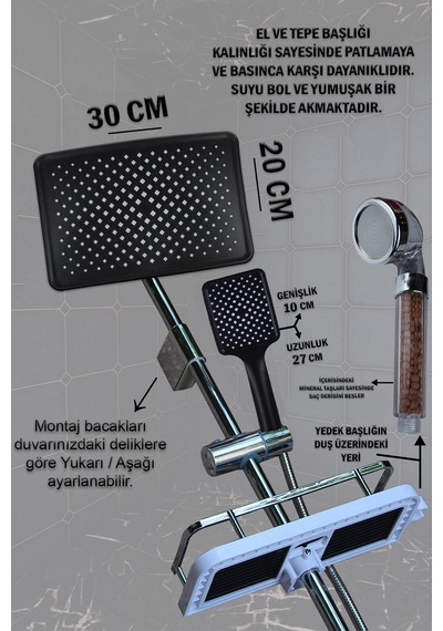 590-4 Robot Duş Takımı Geniş Sabunluklu El Tepe Duş Başlığı Çeşitleri Siyah