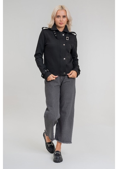 Bold & Young Kadın Viskon Polyester Likralı Kumaş Kol Ucu Toka Bantlı Kuş Gözü Aksesuarlı Çıt Çıtlı Cepli Ceket Siyah