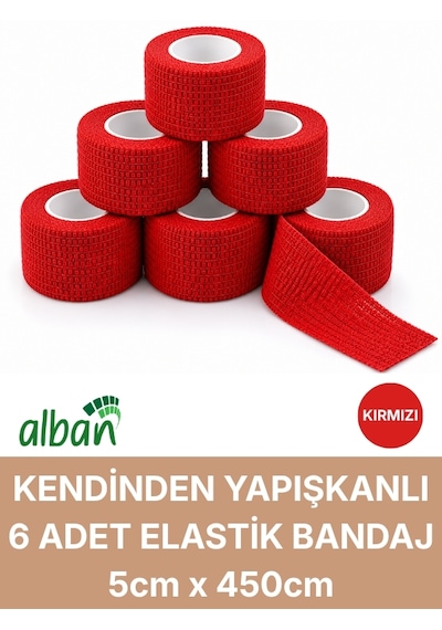 5cm 6'lı Set Kendinden Yapışkanlı Elastik Bandaj, Kohesiv Bandaj 5cm X 4.5m Spor, Bilek, Ayak Bileği, Veteriner Bandajı Kırmızı