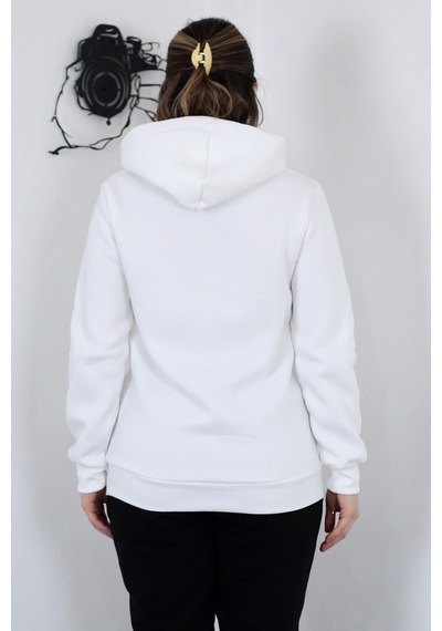 Hodies Winter Kapşonlu Kanguru Cep 3 İplik Puf Yumuşacık İçi Polarlı Sweatshirt Beyaz