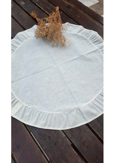 60 Cm Yuvarlak Pileli Runner - Sehpa Zigon Örtüsü - Masa Ortası Örtü - Keten Runner - 1 Adet Açık Bej