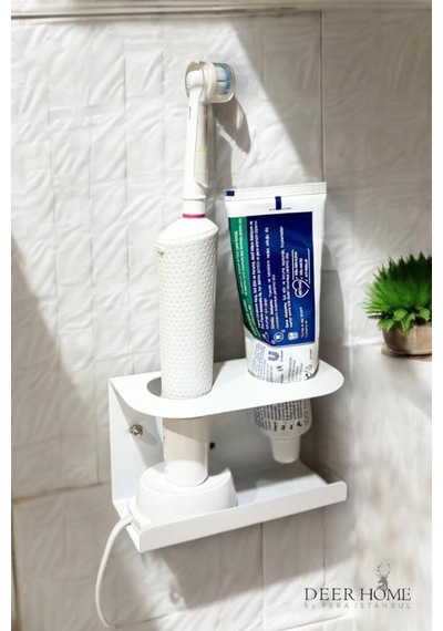 Duvara Monte Edilebilen Şarjlı Ve Pilli Diş Fırçası Ve Diş Macunu Tutucu Düzenleyici Metal Stand Beyaz