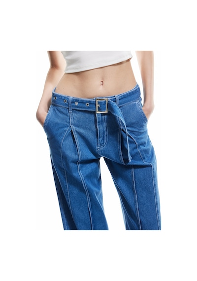 Koton Geniş Paça Kemer Detaylı Pileli Pamuklu Jean Pantolon - Wide Leg Jeans Orta İndigo 5sal40181md Indigo