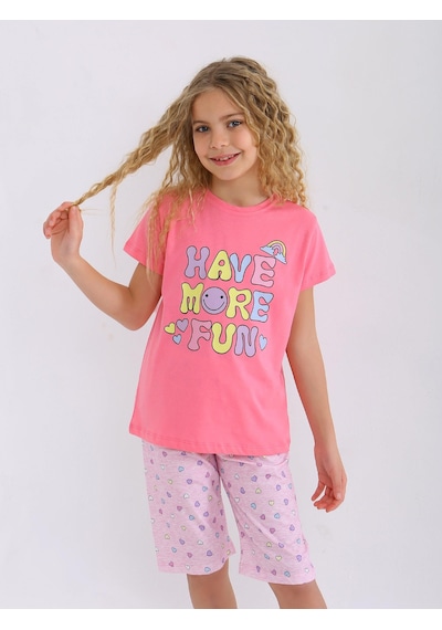 Kız Çocuk Kısa Kollu Kapri %100 Pamuklu Pijama Takımı More Fun Şeker Pembe