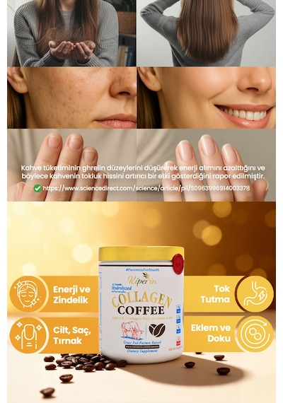 Kiperin Coffee Collagen Kahveli Çift Hidrolize %100 Saf Ve Doğal Toz Kolajen Peptitler 30 Günlük