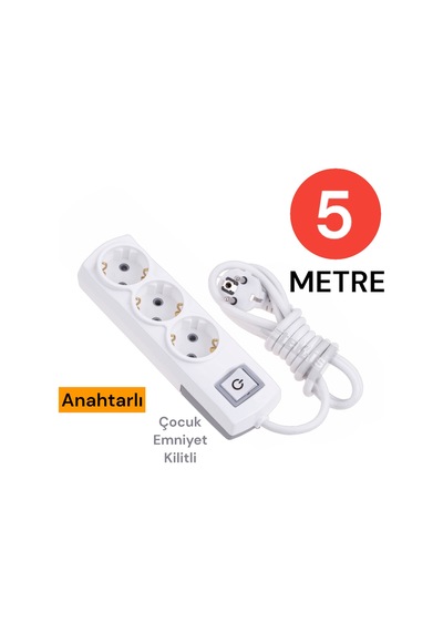 Tek-iş Grup Priz Topraklı 3 Lü 5 Metre Anahtarlı Çocuk Korumalı Çoklu Priz Seyyar Ara Kablo Uzatma Kablosu 0 M