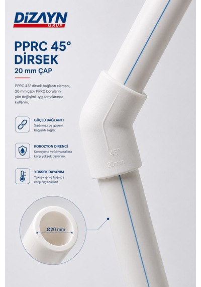 Dizayn 20 45 Dirsek, Pprc 45 Derece Dirsek 20 Mm 50 Adet Pn25 Temiz Su Tesisat Boru Ek Parçası